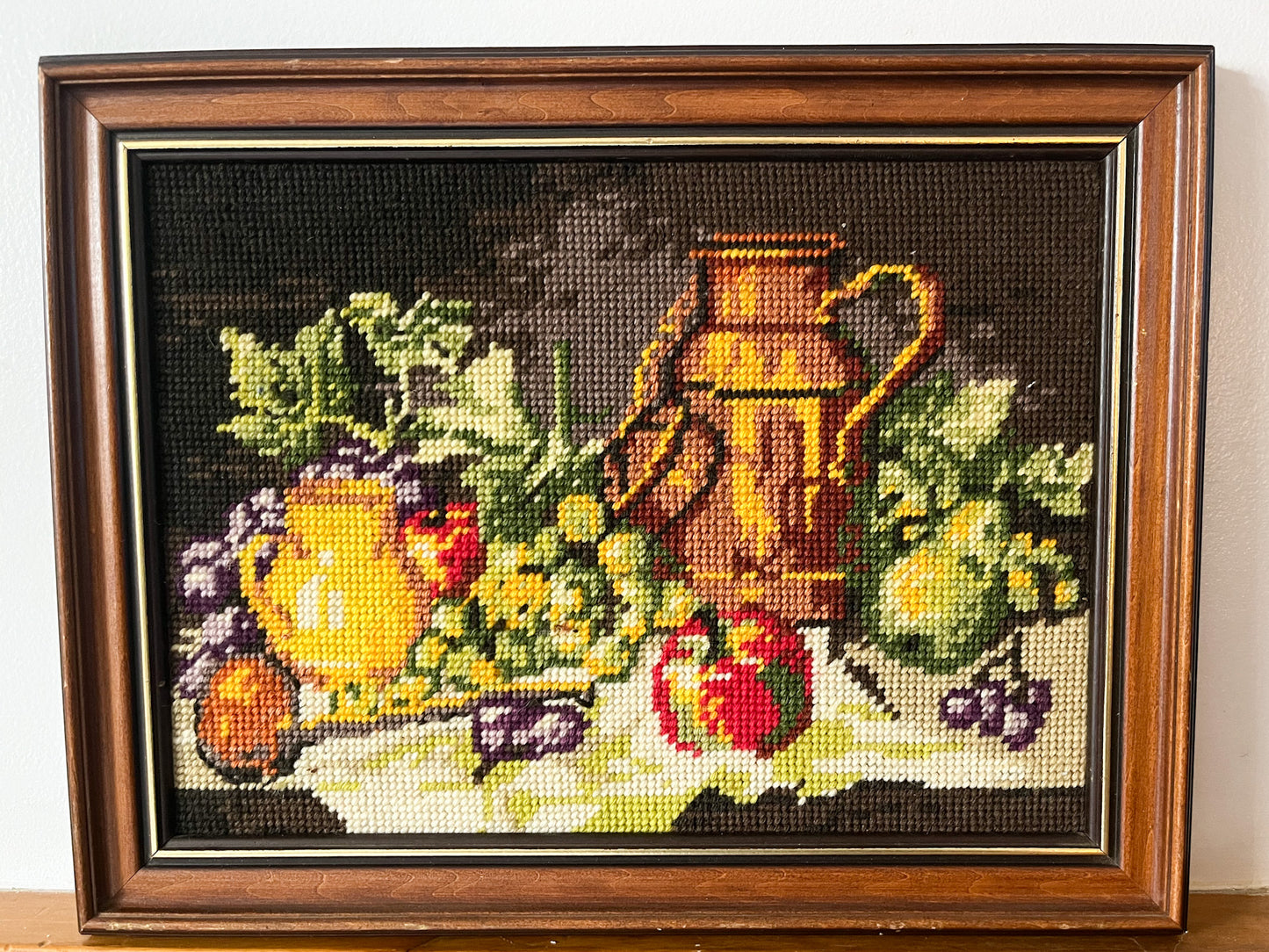 80's HANDMADE NEEDLEPOINT FRUIT FRAME