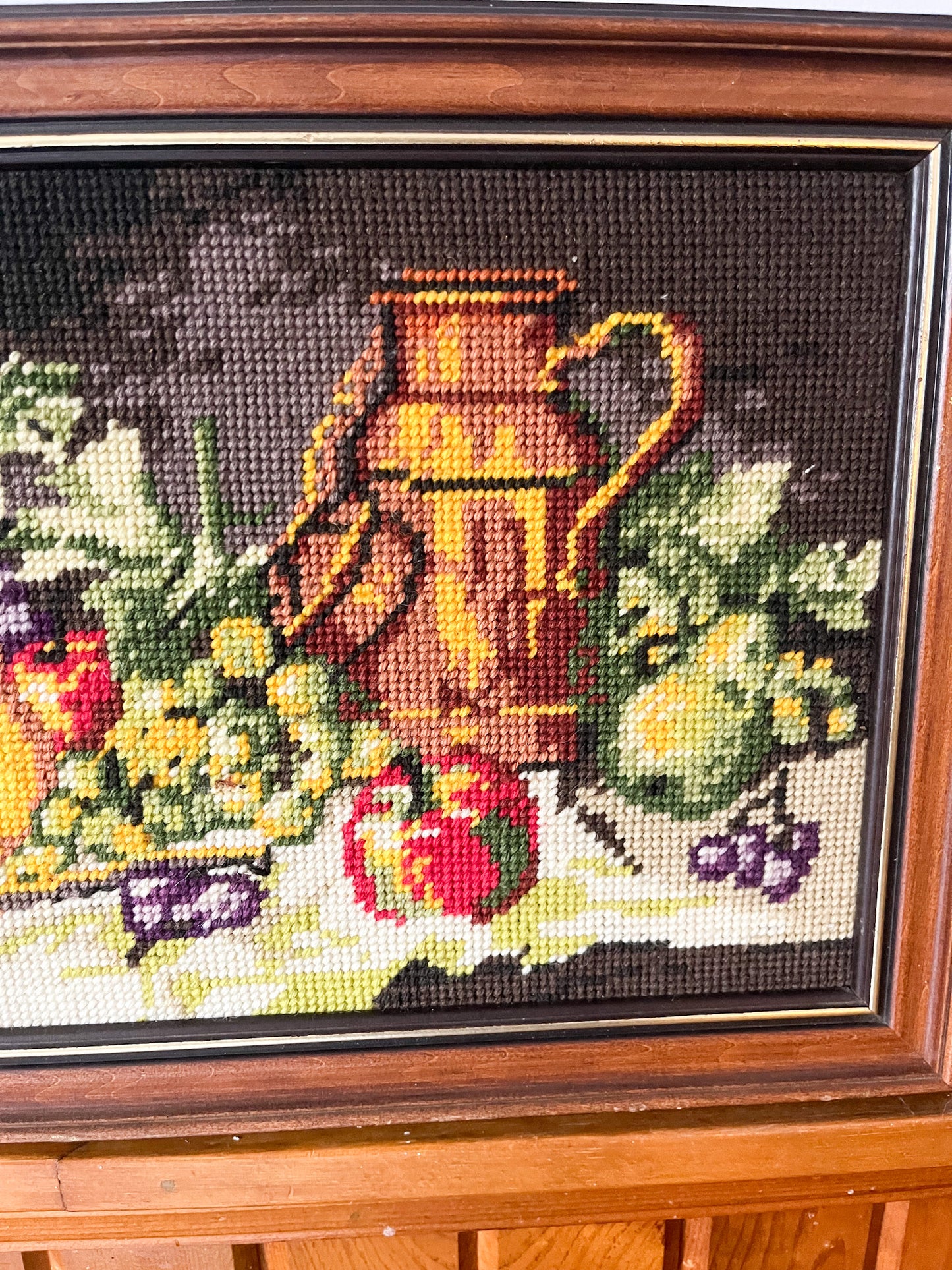 80's HANDMADE NEEDLEPOINT FRUIT FRAME