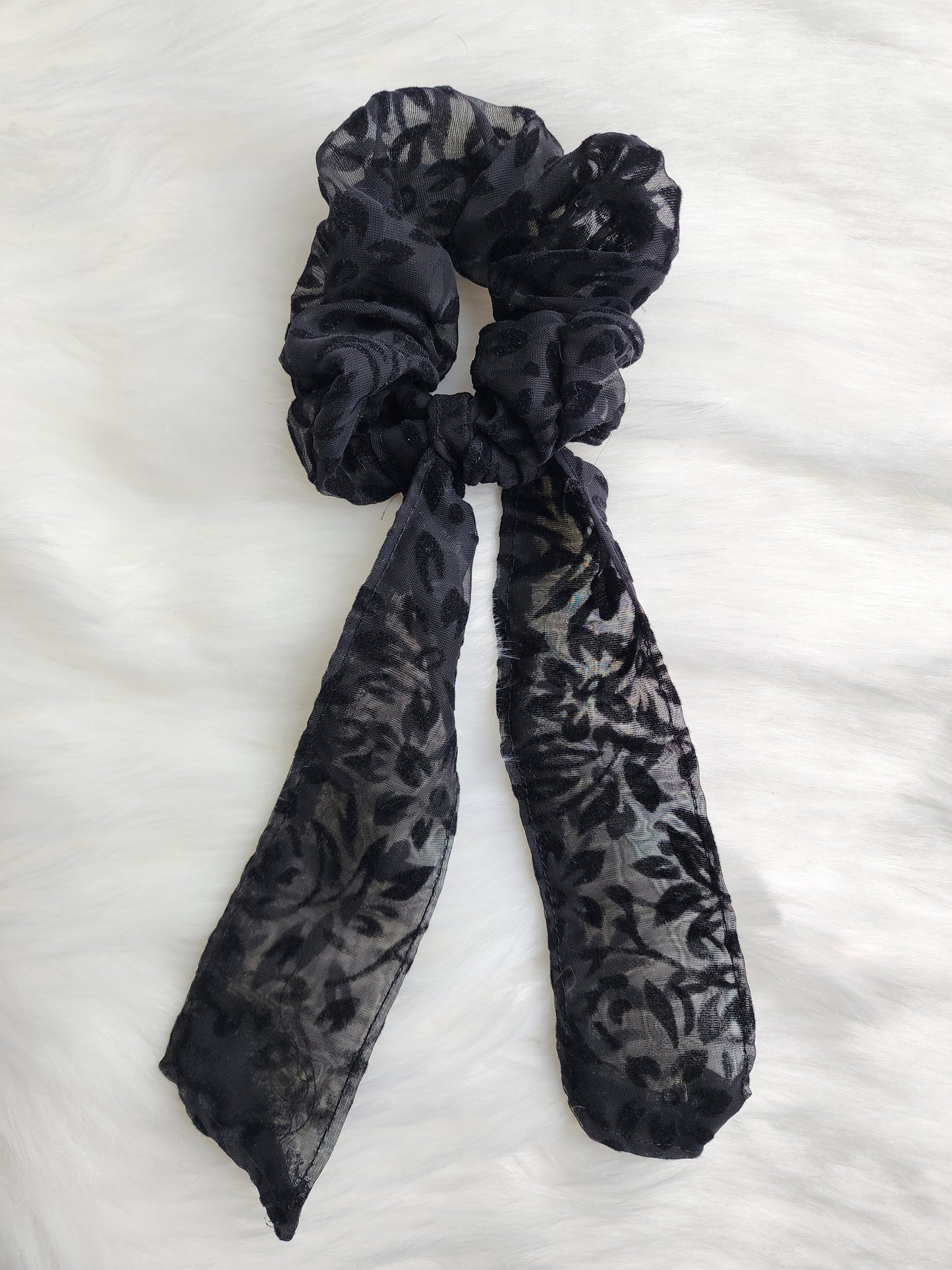 BLACK FLORAL CHIFFON BOW SCRUNCHIE