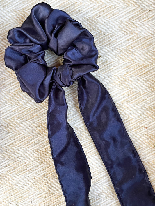 NAVY SATIN BOW SCRUNCHIE